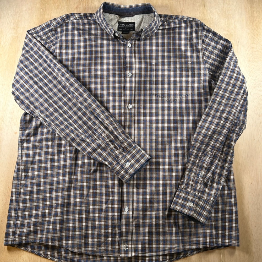 Cody James Mens 3XLT Blue Brown Plaid Long Sleeve Western Button Down Shirt